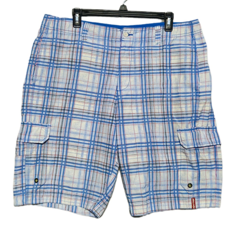 Tommy Bahama Relax Cargo Shorts Mens 36 Blue Plaid Mesh Lined Cotton Blend